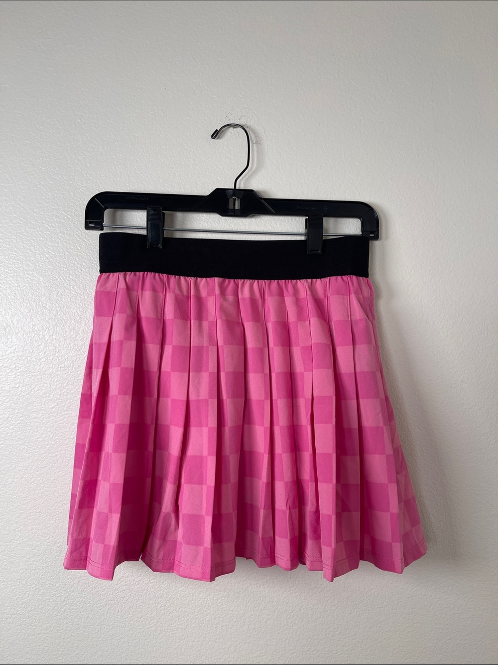 Pink Plaid Pleated Skirt with Black Waistband